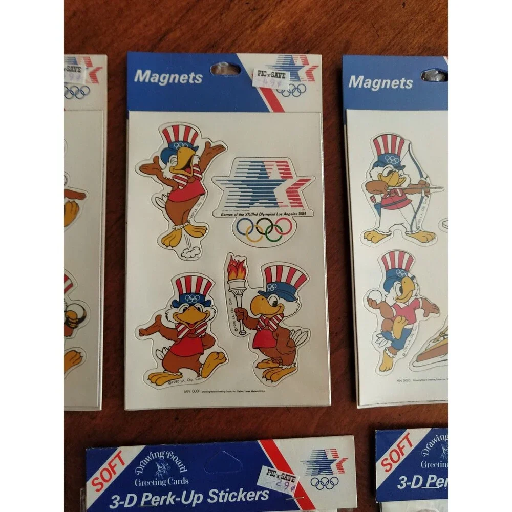 Lot 1984 Olympics Magnets 3 Packs + 3 Puffy 3D Perk Up Stickers Sam The Eagle